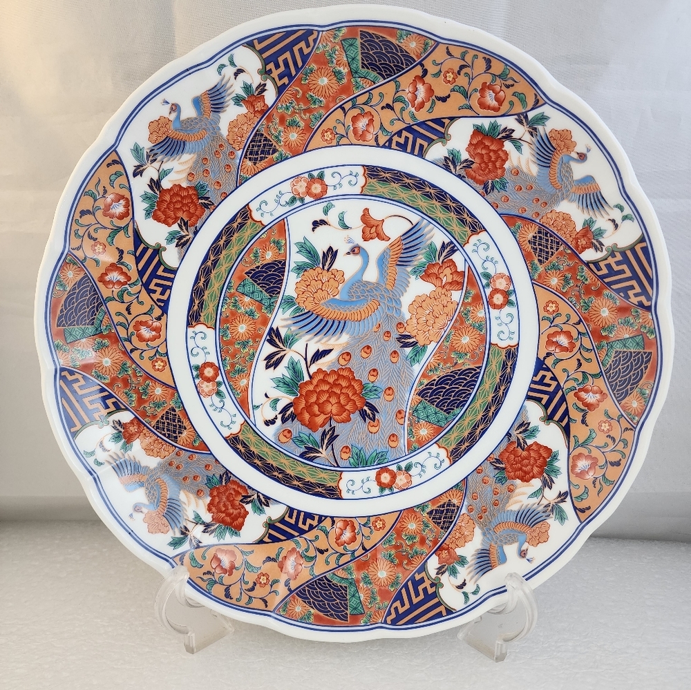 Large Japanese Imari Peacock Floral Footed Platter Console Bowl